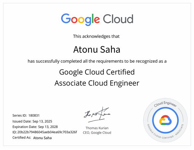 Google Cloud Certified Associate Cloud Engineer certificate