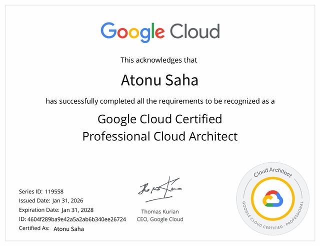 Google Cloud Certified Professional Cloud Architect certificate