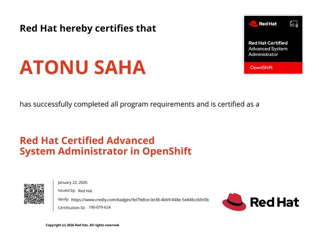 Red Hat Certified Advanced System Administrator in OpenShift certificate