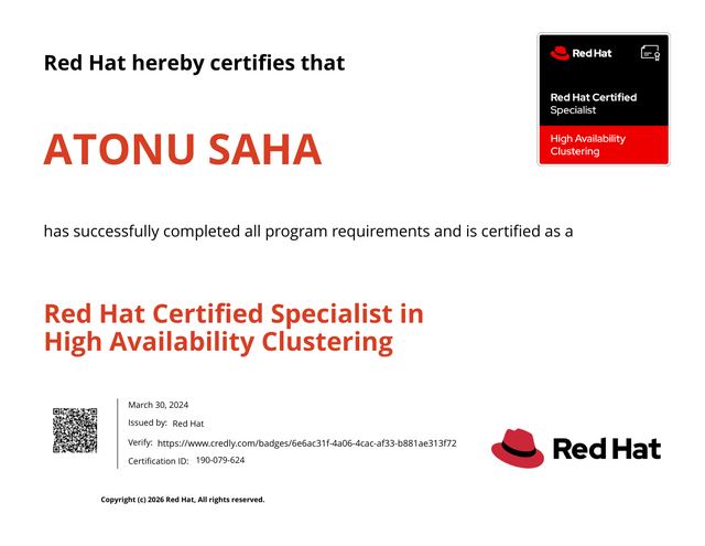 Red Hat Certified Specialist in High Availability Clustering certificate